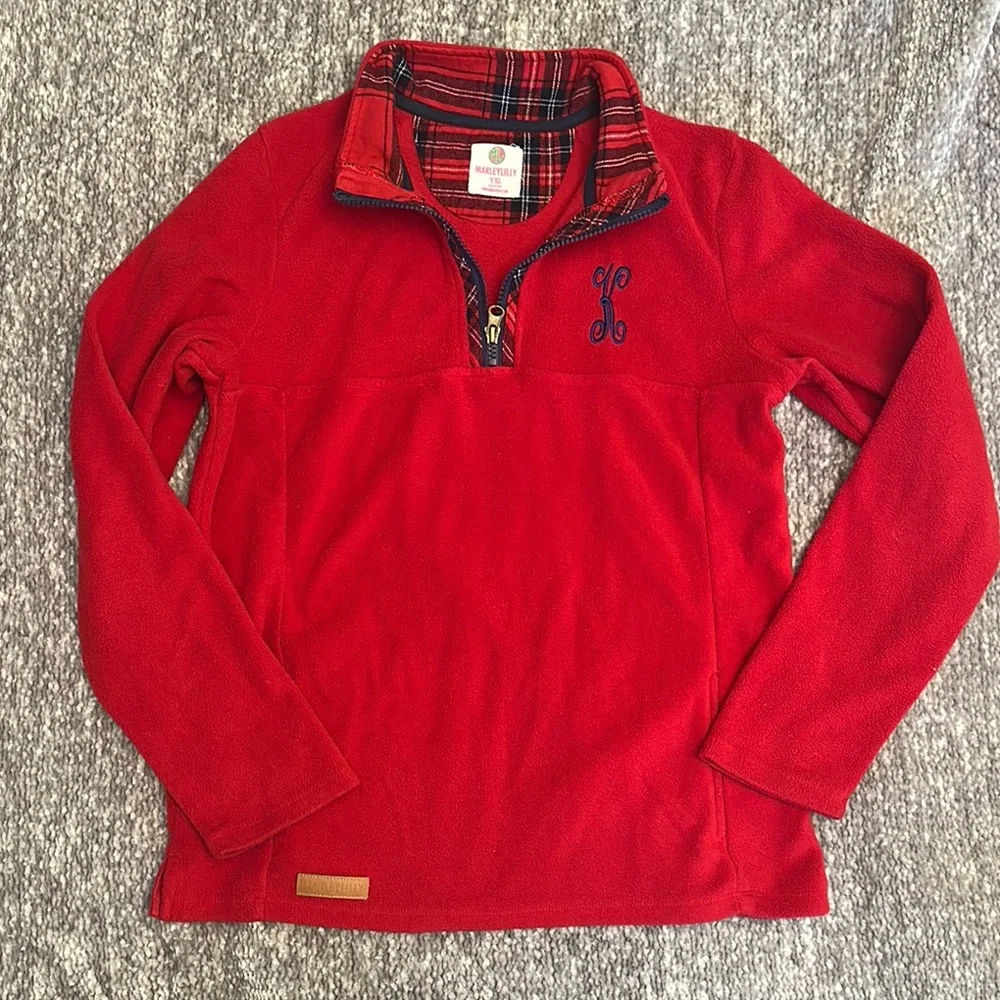 EUC MarleyLilly red fleece quarter zip with monogram K size YXL fits women sm